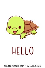 Cute kawaii hand drawn turtle doodles, lettering hello, isolated on white background, print