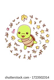 Cute kawaii hand drawn turtle doodles, circle print , isolated on white background, print