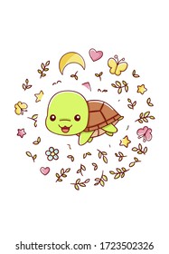 Cute kawaii hand drawn turtle doodles, circle print , isolated on white background, print