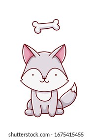 Cute kawaii hand drawn wolf and bone doodles, isolated on white background, print
