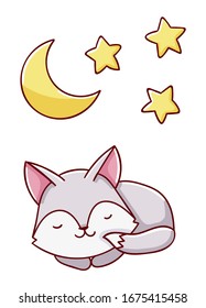 Cute kawaii hand drawn wolf and moon and stars doodles, isolated on white background, print