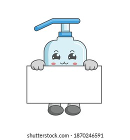 Cute kawaii hand sanitizer characters standing behind a board