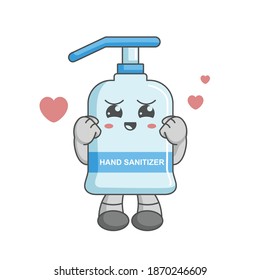 Cute kawaii hand sanitizer characters are in love with heart balloons