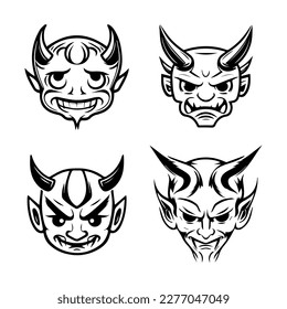 cute kawaii hannya mask collection set hand drawn line art illustration