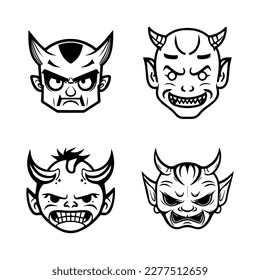 cute kawaii hannya mask collection set hand drawn line art illustration
