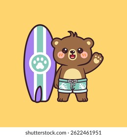 Cute Kawaii Happy Bear waving next to surfboard on the Beach Cartoon Vector Illustration Logo Mascot. Summer Animal Bear Hand Drawn Retro Flat Cartoon