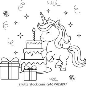 Cute kawaii happy birthday unicorn with birthday cake and gifts coloring page for kids. Animal outline doodle colouring page isolated on white background. Wild animal coloring book for kids