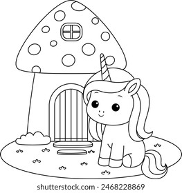 Cute kawaii happy birthday unicorn and mushroom house coloring page for kids. Animal outline doodle colouring page isolated on white background. Wild animal coloring book for kids