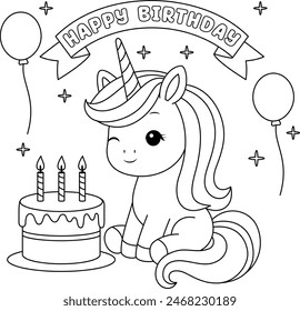 Cute kawaii happy birthday unicorn with birthday cake coloring page for kids. Animal outline doodle colouring page isolated on white background. Wild animal coloring book for kids