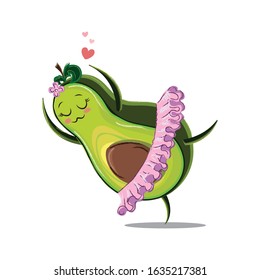 Cute kawaii happy cartoon avocado. Vector illustration. Ballerina, dancer