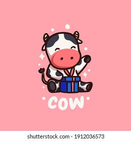 Cute and Kawaii Happy Cow Receiving Gift Illustration