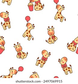 Cute kawaii happy giraffe. Seamless pattern. Cartoon funny animals characters. Hand drawn style. Vector drawing. Design ornaments.