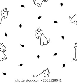 Cute kawaii happy giraffe. Seamless pattern. Coloring Page. Cartoon funny animals characters. Hand drawn style. Vector drawing. Design ornaments.