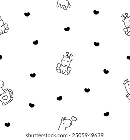 Cute kawaii happy giraffe. Seamless pattern. Coloring Page. Cartoon funny animals characters. Hand drawn style. Vector drawing. Design ornaments.