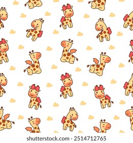 Cute kawaii happy giraffe. Seamless pattern. Cartoon funny animals characters. Hand drawn style. Vector drawing. Design ornaments.