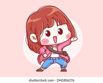 Cute and kawaii Happy Girl Ask For Attention Chibi Illustration