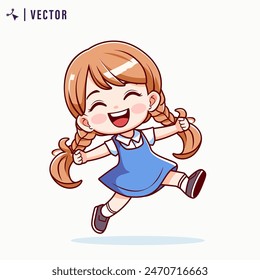 Cute and Kawaii Happy Girl with Braided Hair Wearing Blue Short Dress in White Isolated Background Vector Illustration