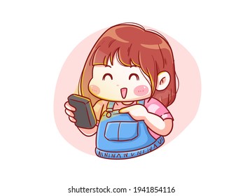 Cute and kawaii Happy Girl Look at her Smartphone Manga Chibi Illustration