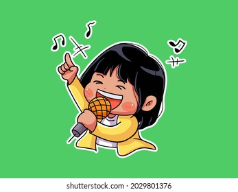 Cute and kawaii Happy Girl Sing in Karaoke manga chibi Illustration