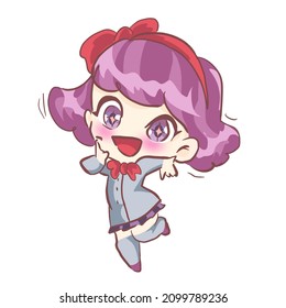 Cute kawaii happy girl wearing school uniform. Expressions, emotions, emoji. Pink, purple, violet, peri. Manga anime chibi art. Excited. Fun.