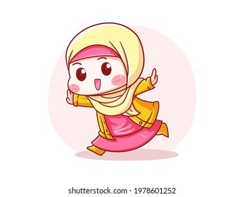 Cute and kawaii Happy Hijab Girl Wear Raincoat and Boots Manga Chibi Illustration