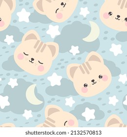 cute kawaii happy little kitten sleep with stars, sky moon, animals zoo seamless kids pattern, cartoon cat pastel colors baby background, sweet clound print, wrapping paper and fabric, textile design