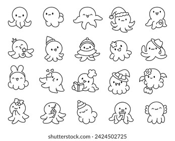 Cute kawaii happy octopus. Coloring Page. Cartoon underwater animals characters. Hand drawn style. Vector drawing. Collection of design elements.