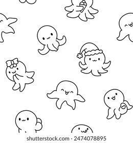 Cute kawaii happy octopus. Seamless pattern. Coloring Page. Cartoon underwater animals characters. Hand drawn style. Vector drawing. Design ornaments.