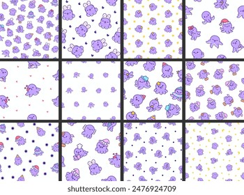 Cute kawaii happy octopus. Seamless pattern. Cartoon underwater animals characters. Hand drawn style. Vector drawing. Collection of design ornaments.