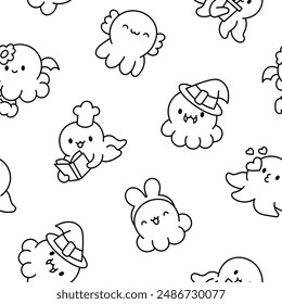 Cute kawaii happy octopus. Seamless pattern. Coloring Page. Cartoon underwater animals characters. Hand drawn style. Vector drawing. Design ornaments.