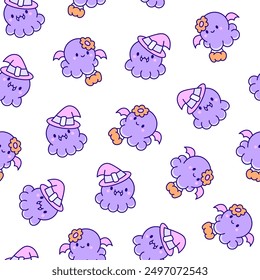 Cute kawaii happy octopus. Seamless pattern. Cartoon underwater animals characters. Hand drawn style. Vector drawing. Design ornaments.
