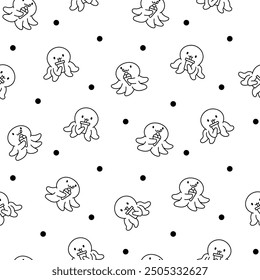 Cute kawaii happy octopus. Seamless pattern. Coloring Page. Cartoon underwater animals characters. Hand drawn style. Vector drawing. Design ornaments.