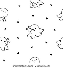 Cute kawaii happy octopus. Seamless pattern. Coloring Page. Cartoon underwater animals characters. Hand drawn style. Vector drawing. Design ornaments.