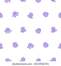 Cute kawaii happy octopus. Seamless pattern. Cartoon underwater animals characters. Hand drawn style. Vector drawing. Design ornaments.