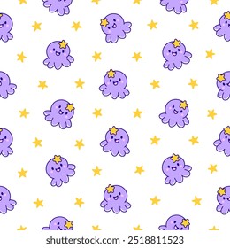 Cute kawaii happy octopus. Seamless pattern. Cartoon underwater animals characters. Hand drawn style. Vector drawing. Design ornaments.