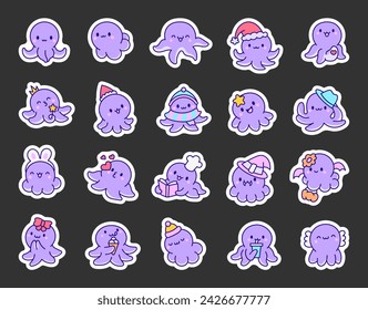 Cute kawaii happy octopus. Sticker Bookmark. Cartoon underwater animals characters. Hand drawn style. Vector drawing. Collection of design elements.