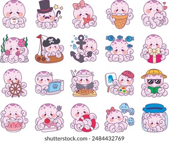 Cute Kawaii Happy Octopus Vector Icon set.
Baby octopus with fish and ship in the sea.
Dreamy and very cute jellyfish swimming in the ocean.
