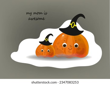 Cute kawaii happy pumpkin  mom and baby. Halloween vector illustration. Thanksgiving card