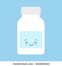 Cute kawaii happy smiling medicine pill capsule bottle. Vector flat cartoon character illustration icon design. Isolated on blue background.