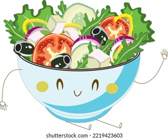 Cute kawaii happy smiling salad bowl with greek salad ingredients, black olives, feta cheez, onion, tomato, cucumber, arugula, 
lettuce, and yellow pepper. Isolated.