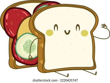 Cute kawaii happy smiling sandwich with salami, slice of cheese and cucumber. Isolated.