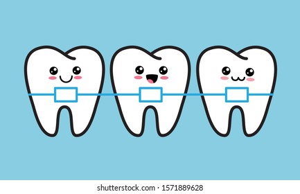 Cute kawaii happy teeth with metal braces. Orthodontic treatment, bite correction or jaw alignment concept