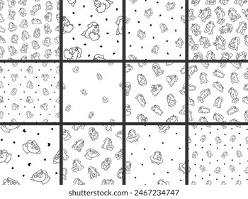 Cute kawaii happy unicorn. Seamless pattern. Coloring Page. Cartoon funny fantasy horse characters. Hand drawn style. Vector drawing. Collection of design ornaments.