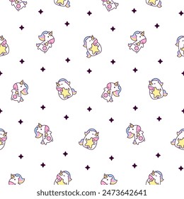 Cute kawaii happy unicorn. Seamless pattern. Cartoon funny fantasy horse characters. Hand drawn style. Vector drawing. Design ornaments.