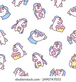 Cute kawaii happy unicorn. Seamless pattern. Cartoon funny fantasy horse characters. Hand drawn style. Vector drawing. Design ornaments.