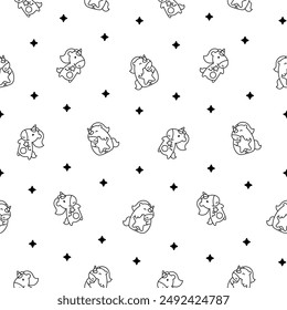 Cute kawaii happy unicorn. Seamless pattern. Coloring Page. Cartoon funny fantasy horse characters. Hand drawn style. Vector drawing. Design ornaments.