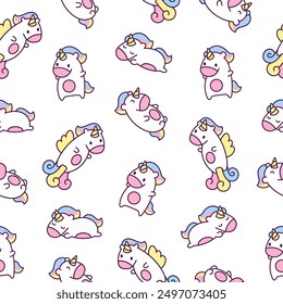 Cute kawaii happy unicorn. Seamless pattern. Cartoon funny fantasy horse characters. Hand drawn style. Vector drawing. Design ornaments.