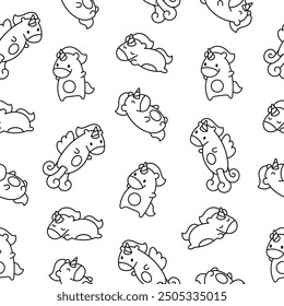 Cute kawaii happy unicorn. Seamless pattern. Coloring Page. Cartoon funny fantasy horse characters. Hand drawn style. Vector drawing. Design ornaments.