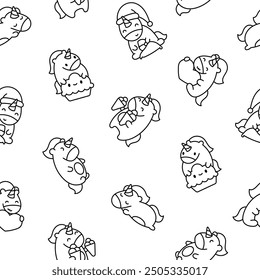 Cute kawaii happy unicorn. Seamless pattern. Coloring Page. Cartoon funny fantasy horse characters. Hand drawn style. Vector drawing. Design ornaments.