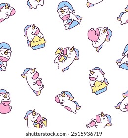 Cute kawaii happy unicorn. Seamless pattern. Cartoon funny fantasy horse characters. Hand drawn style. Vector drawing. Design ornaments.